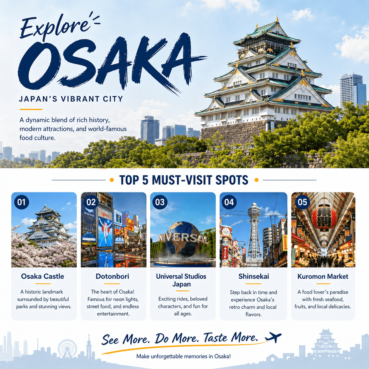 Osaka travel cover featuring Osaka Castle and the city skyline.
